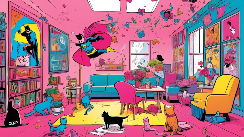 A superhero flies through a colorful, chaotic room filled with playful cats and floating objects, capturing comic absurdity in a vibrant setting.
