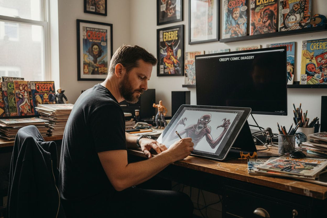 creepy comic book artist workspace