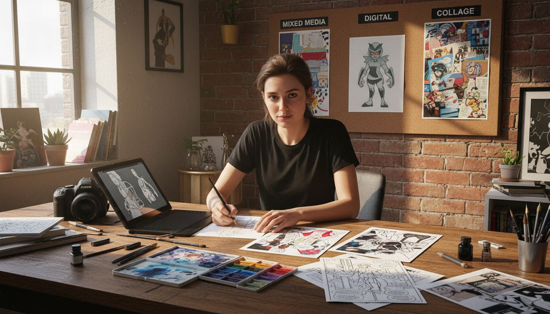 Artist at desk with multimedia comic tools