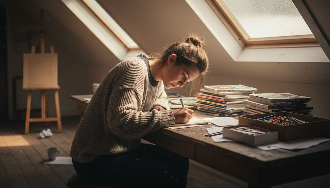 Woman writing in cluttered attic studio