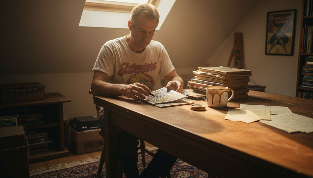 Collector examining banned comic in attic