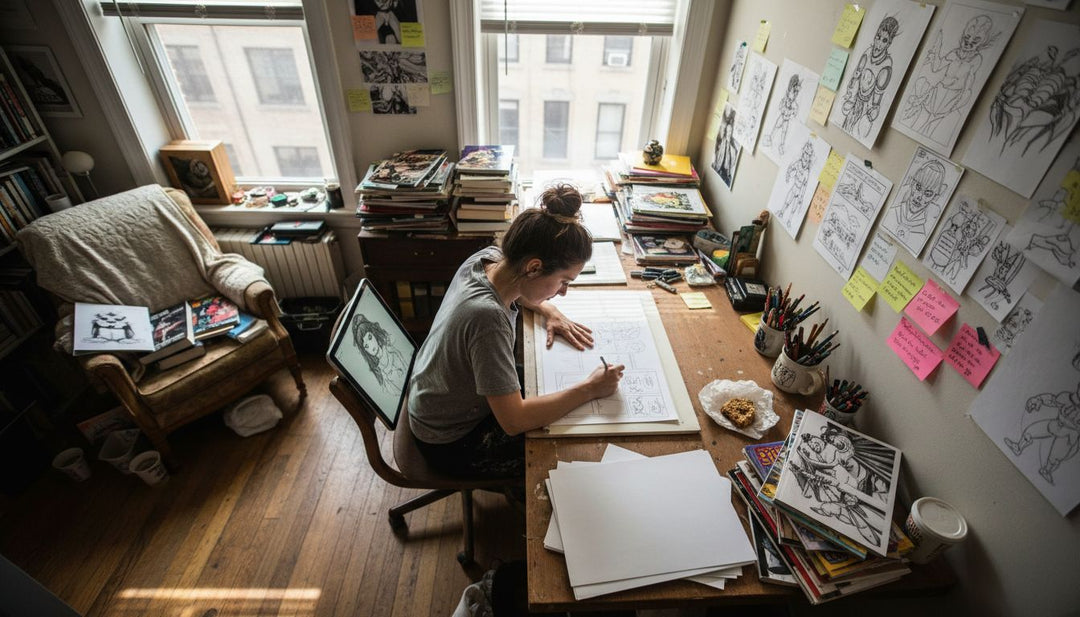 Artist sketching in graphic novel studio