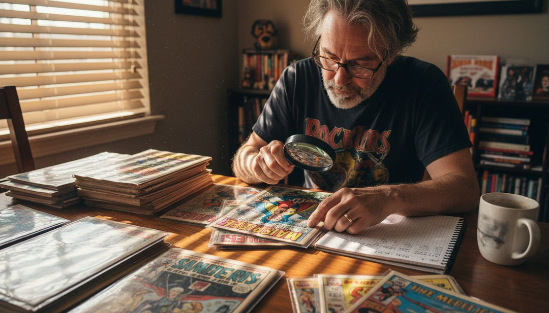 Collector inspecting vintage comic books