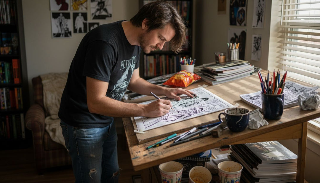 Comic artist drawing in urban studio