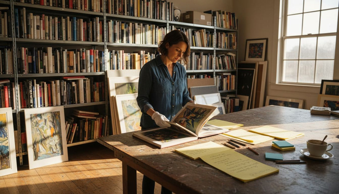 Curator reviewing artbook in creative studio