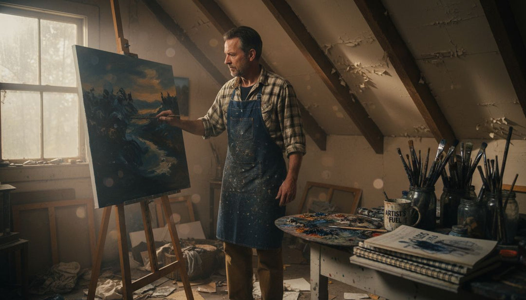 Artist painting dark-themed artwork in attic studio