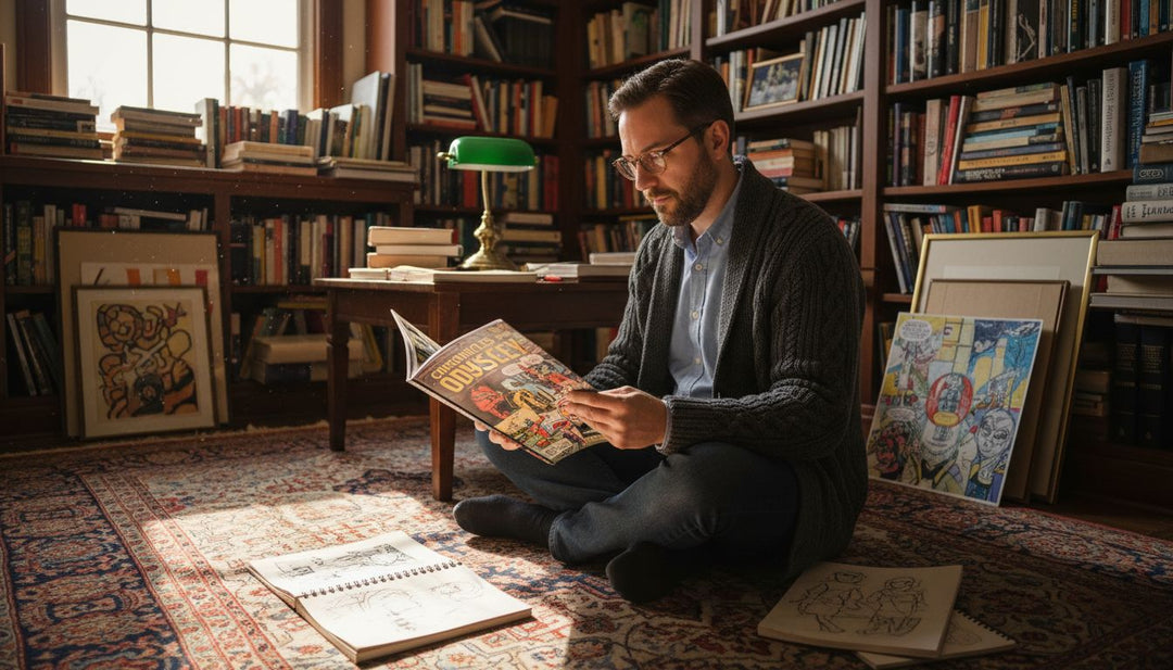 Collector reading experimental comic in study