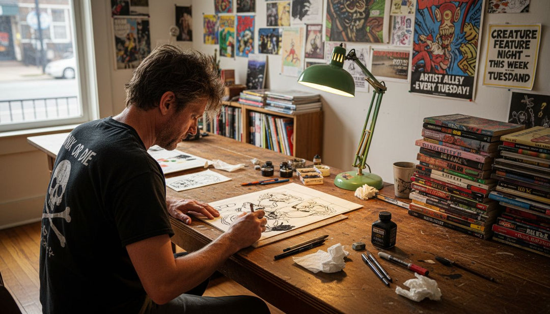 Comic artist working in cluttered studio
