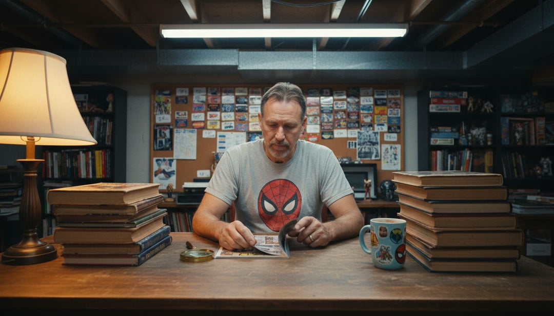 Collector examining rare comics at desk
