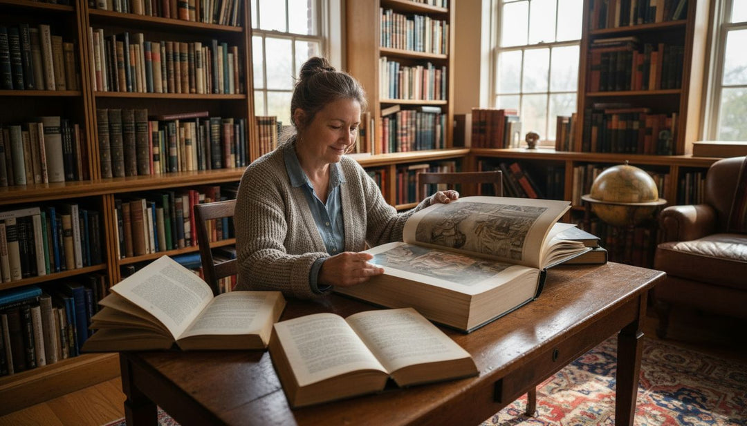 Bibliophile examining rare art book in home library