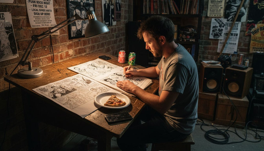Comic artist drawing in cluttered basement studio
