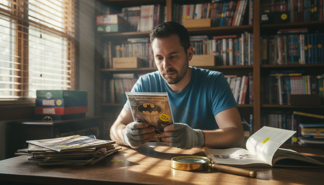 Comic collector inspecting limited edition DC episode