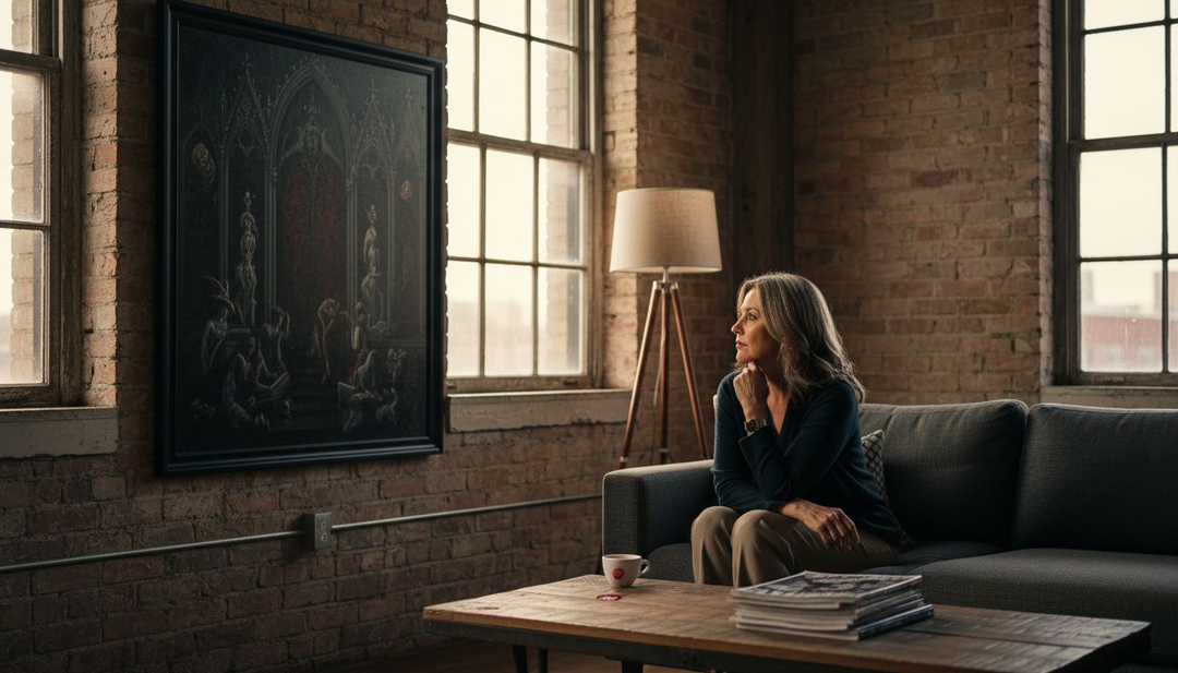 Collector admiring dark art painting at home