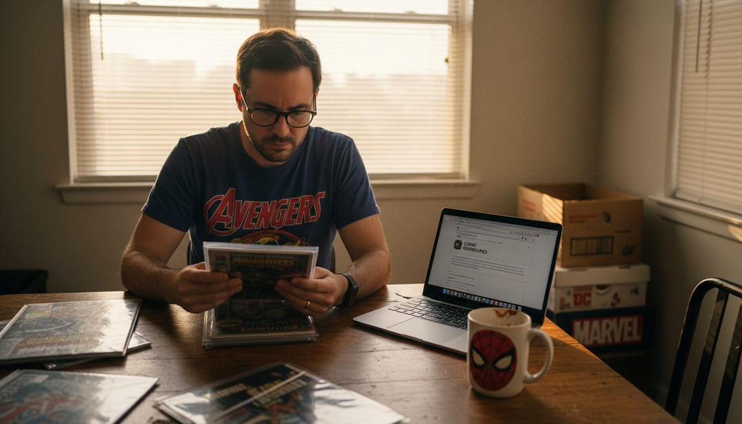Collector examining Marvel comic in apartment