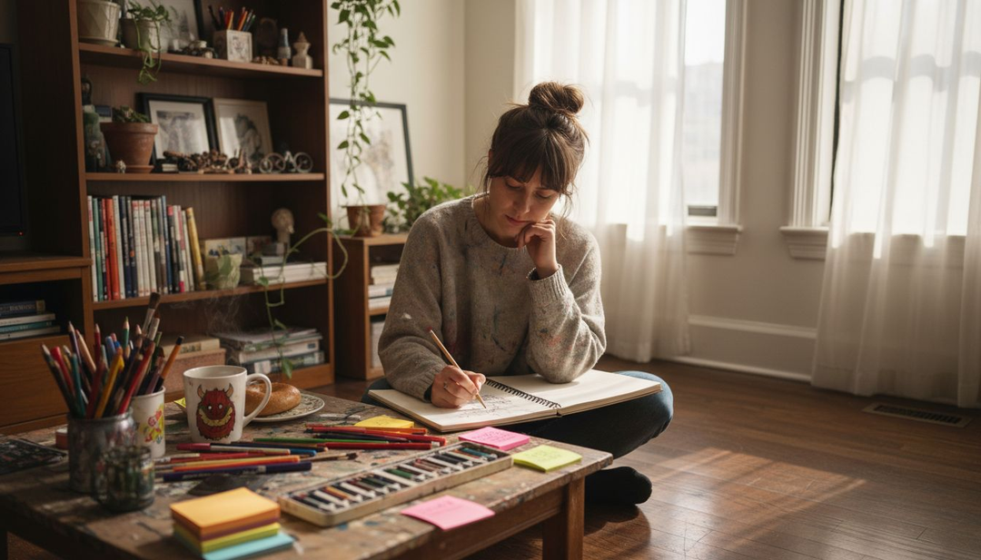 Artist drawing in living room for memoir