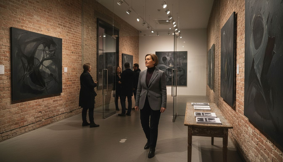 Curator and visitors in dark art gallery