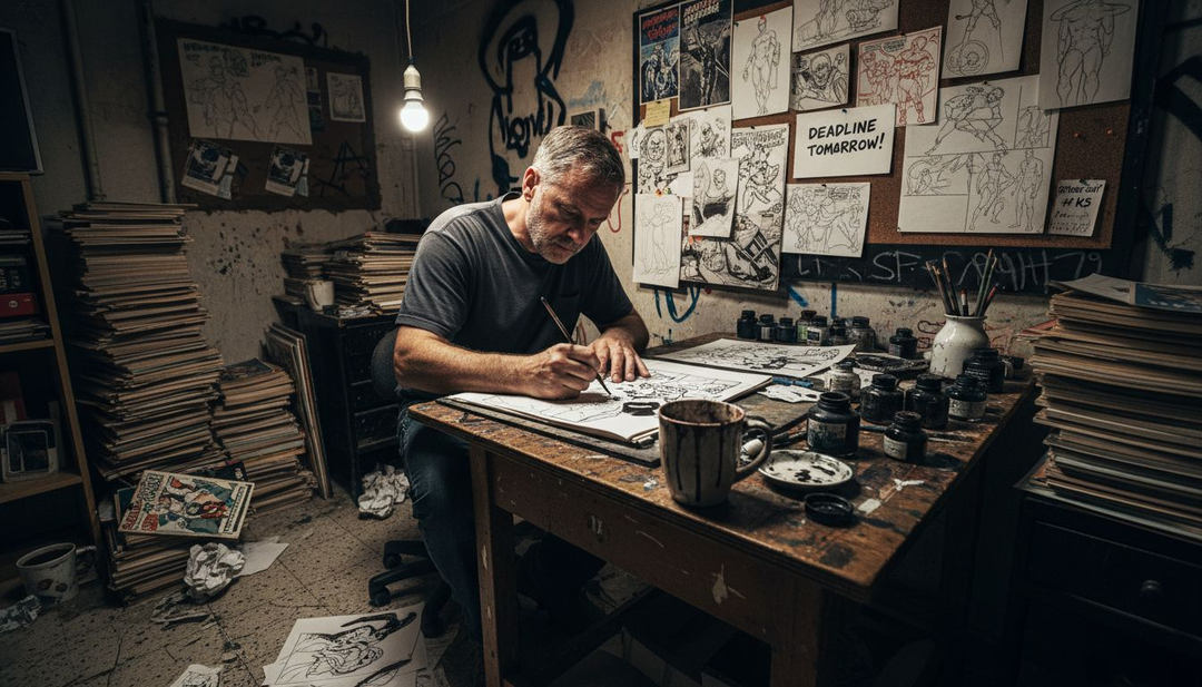 Comic artist at cluttered drawing table