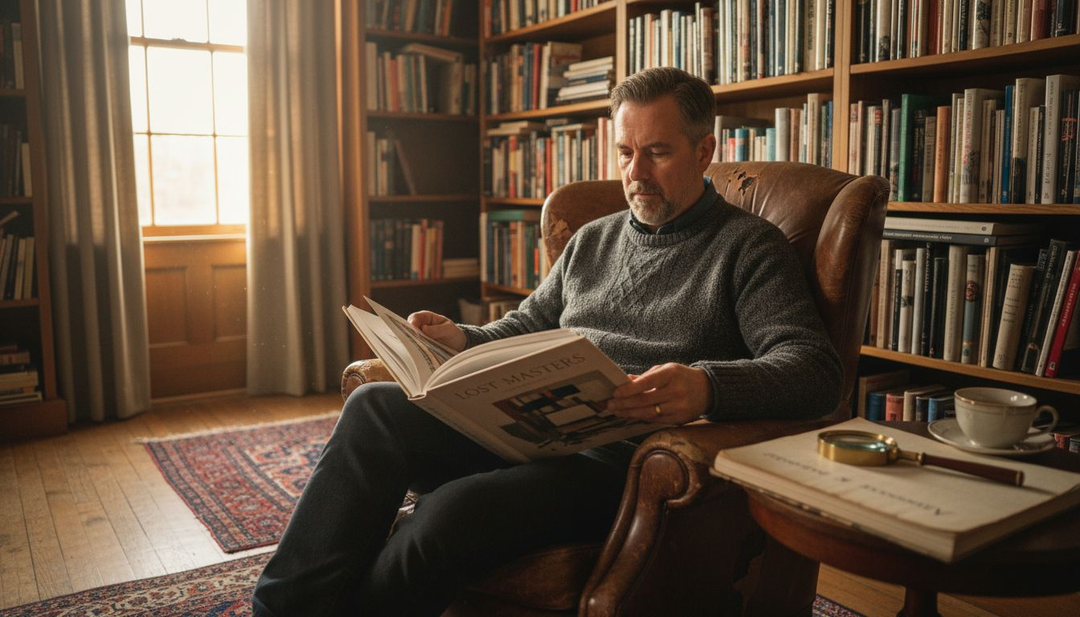 Collector browsing rare art book in home library