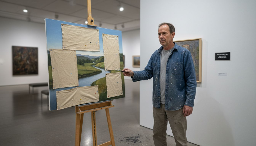 Artist before censored artwork in gallery