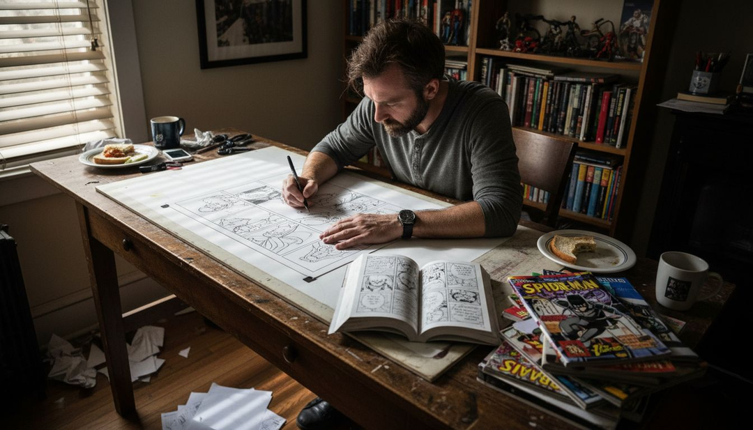 Comic artist sketching manga and comics