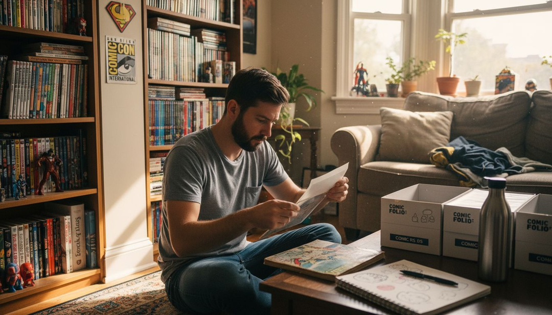 Collector opening rare comic in cozy living room