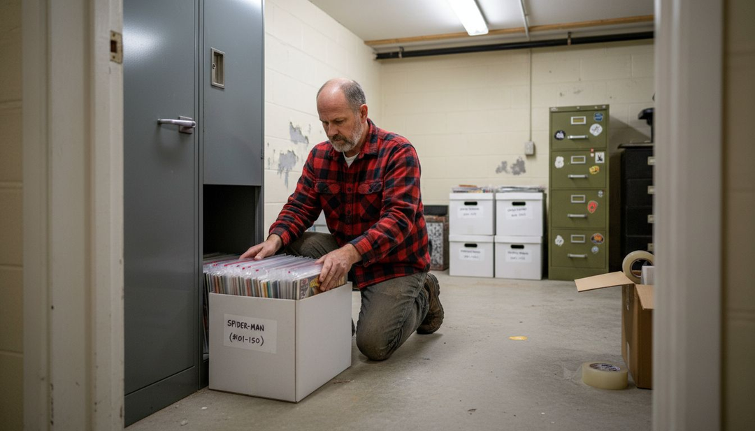 Comic collection stored in archival boxes