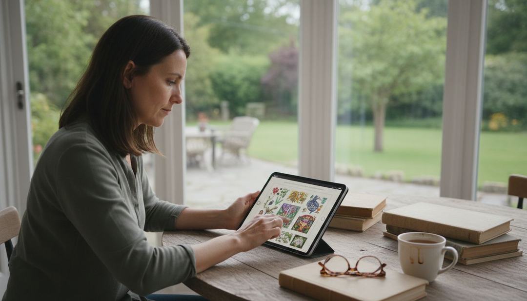 Woman reading rare artbook online at home