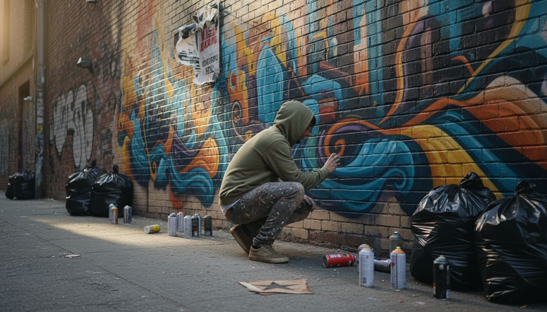 Street artist creating mural in alley