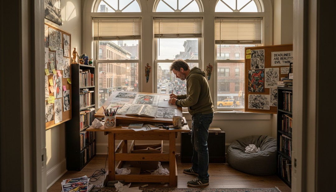 Comic artist drawing in studio workspace