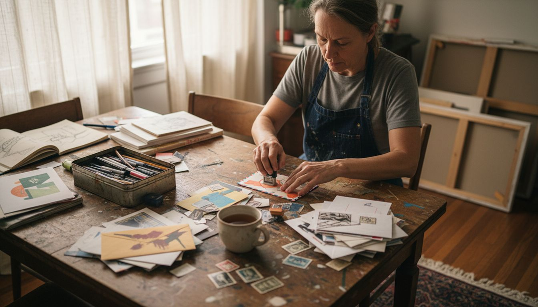 Artist preparing colorful mail art on desk