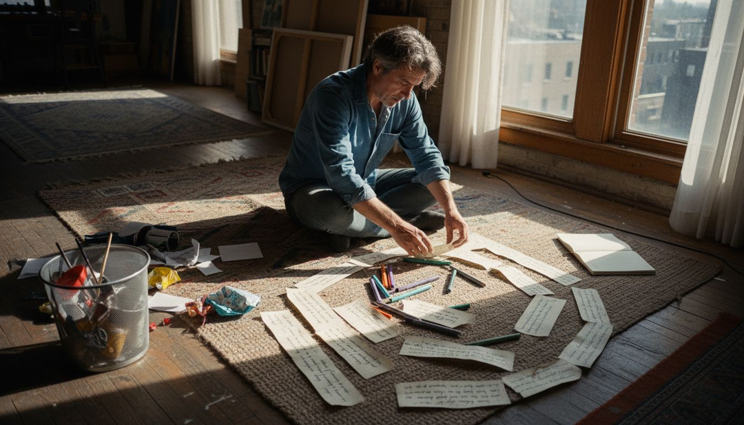 Poet arranging visual poetry drafts on floor