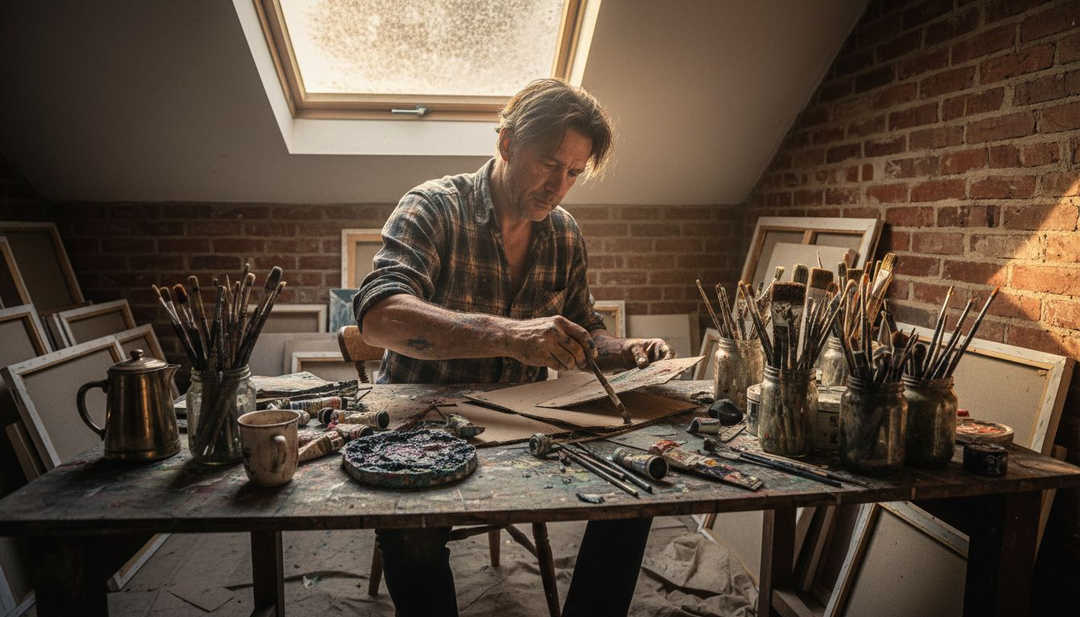 Artist painting in cluttered attic studio