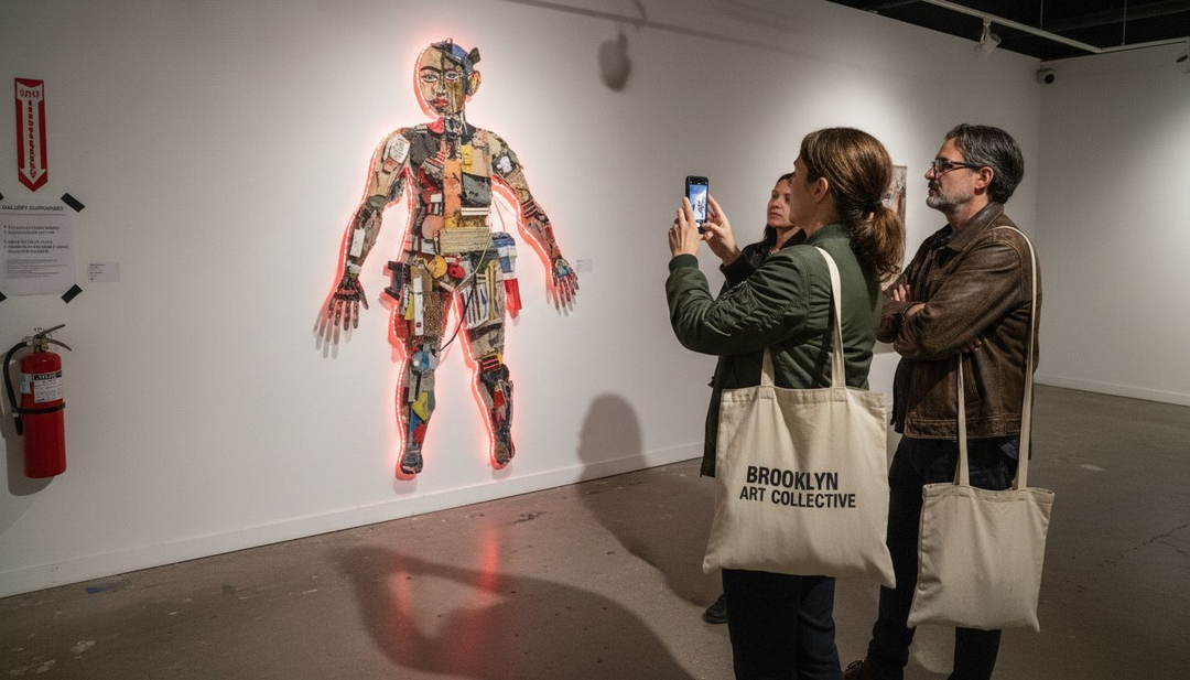 Visitors viewing provocative gallery artwork