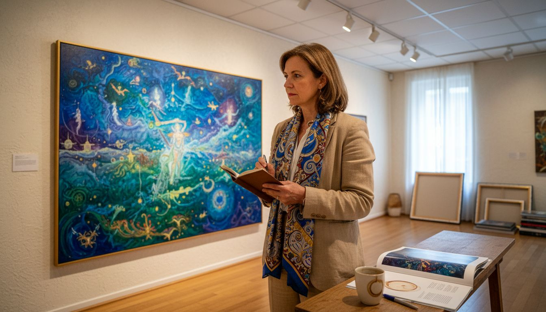 Woman viewing visionary art in gallery