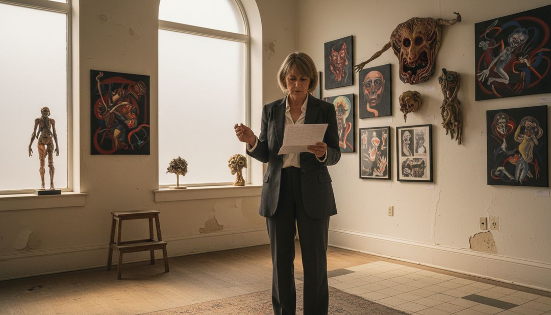 Curator inspecting grotesque art exhibit