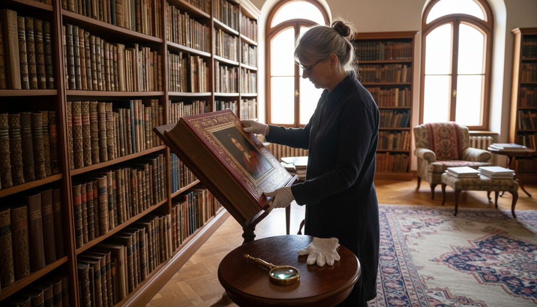 Conservator placing rare artbook on shelf