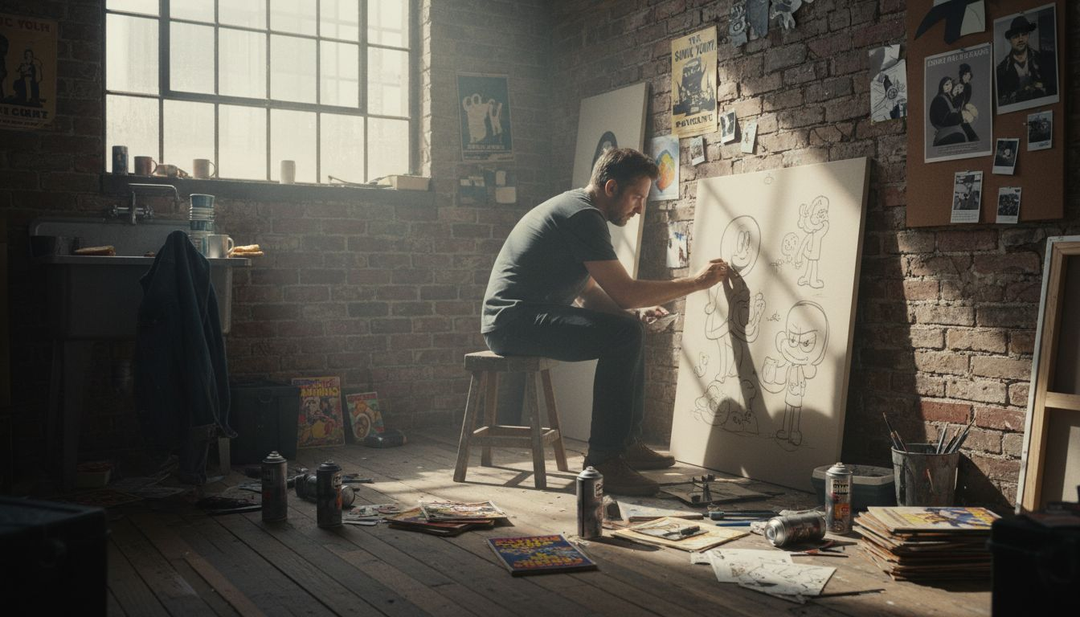 Artist sketching in lowbrow art studio