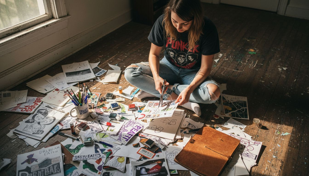 Artist making fanzine in cluttered studio