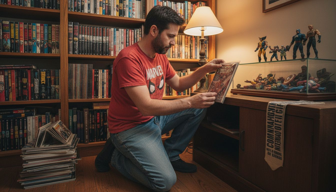 Collector retrieving special edition comic from shelf