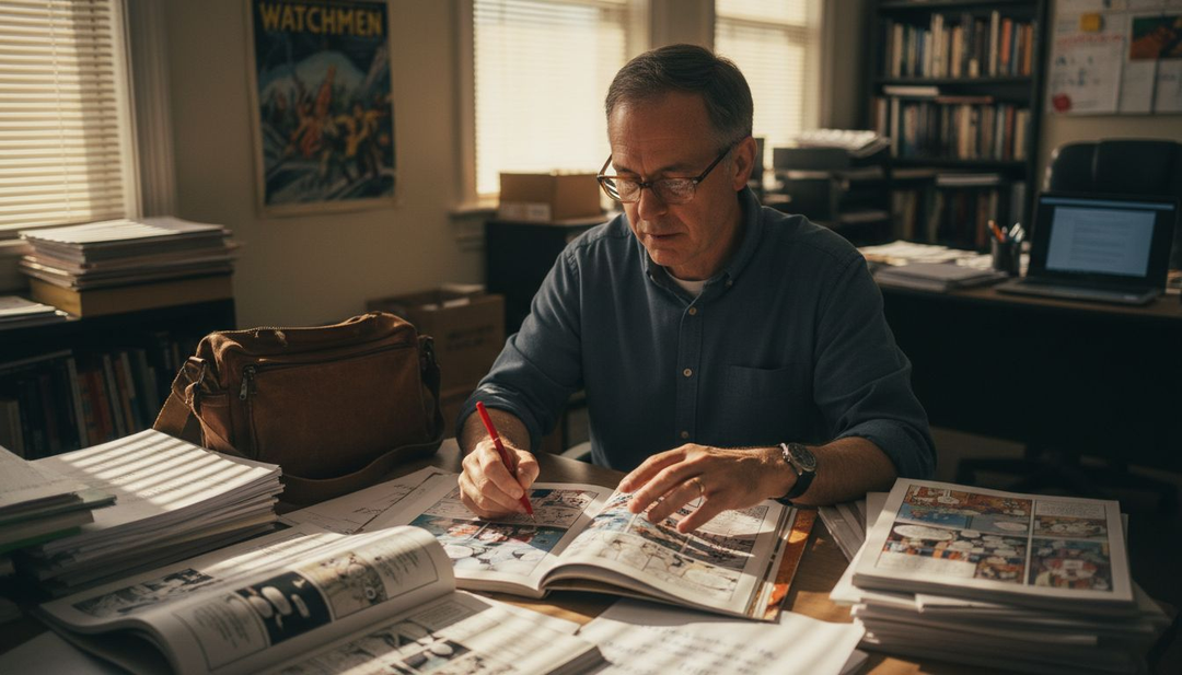 Publisher reviewing graphic novel proofs in office