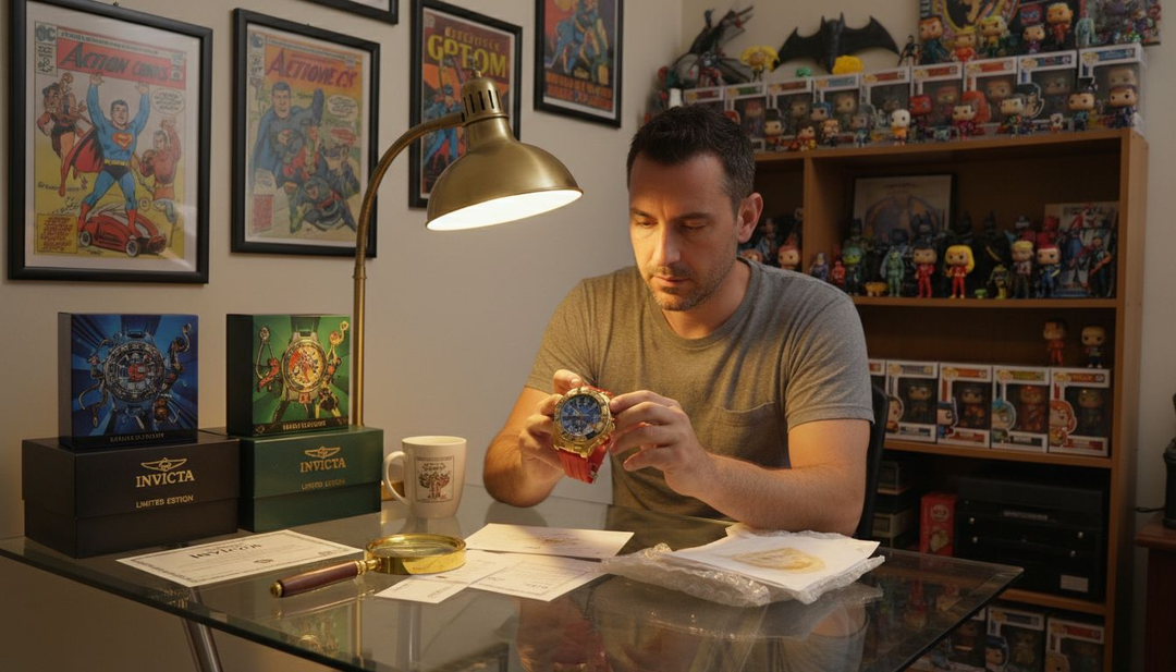 Collector examining Invicta DC Comics watches