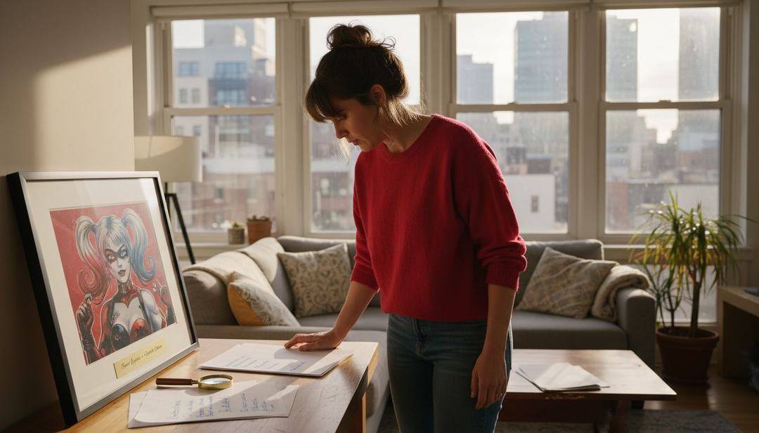 Collector examines limited edition Harley Quinn artwork