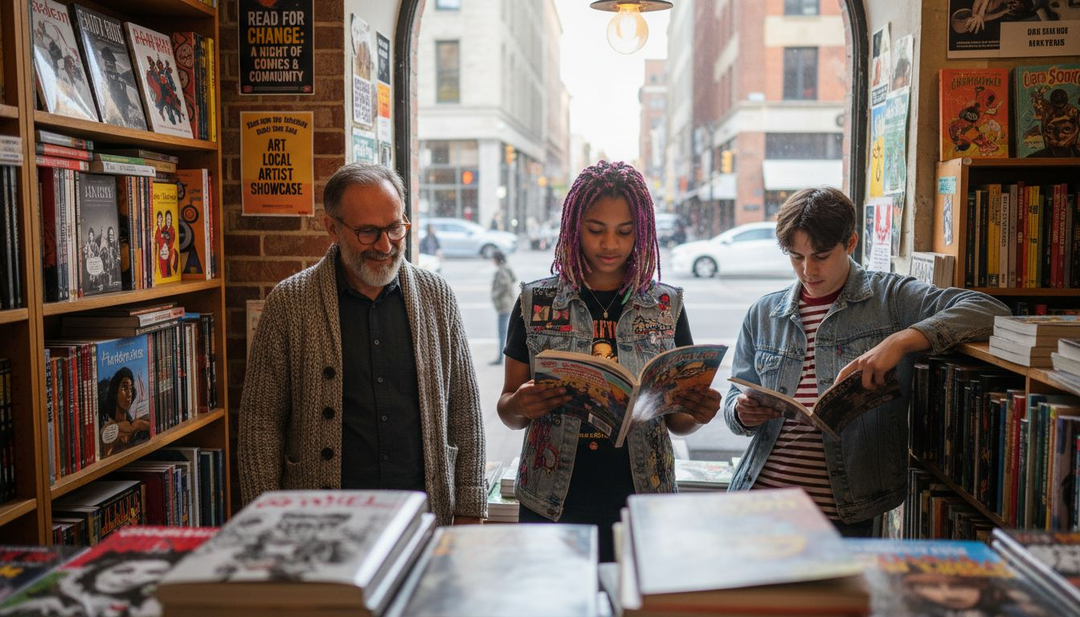 Diverse group browsing social justice graphic novels shelf