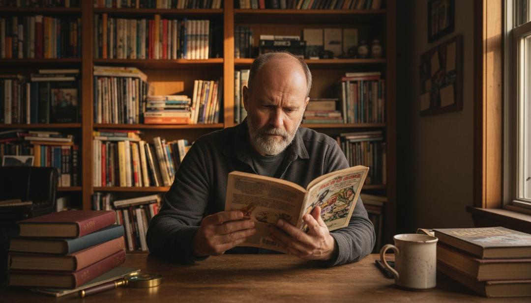 Collector comparing comic books and novels