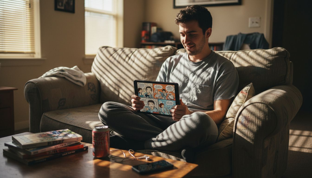 Reader using tablet for Scott Pilgrim comic