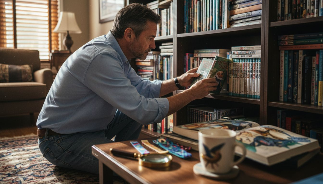 Collector organizing illustrated novels on shelf