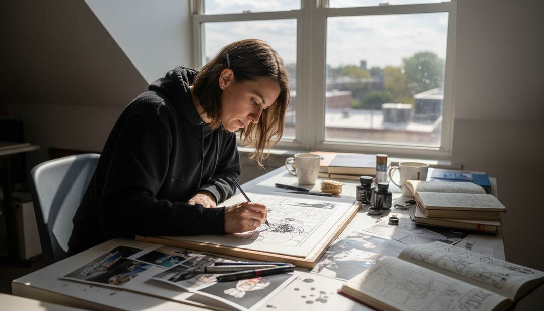 Graphic novel artist drawing at drafting table