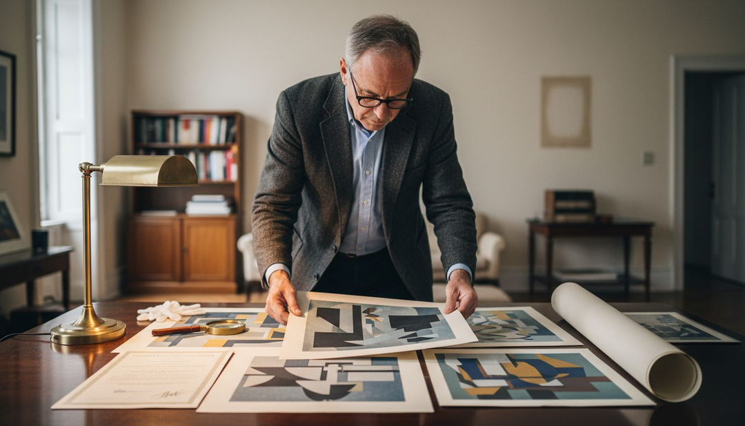 Art collector inspecting rare lithographs on table