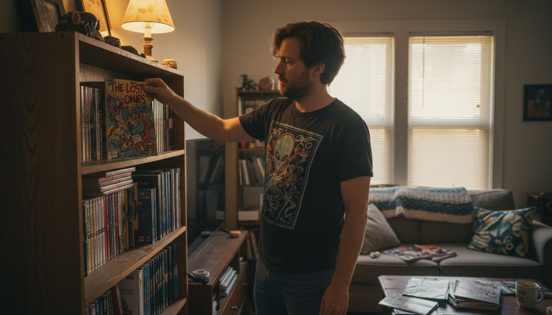 Comic collector choosing comic book from shelf