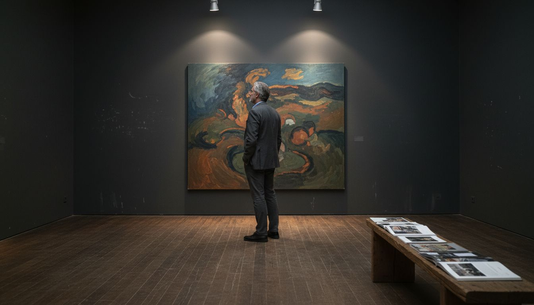 Man viewing dark expressionist painting in gallery